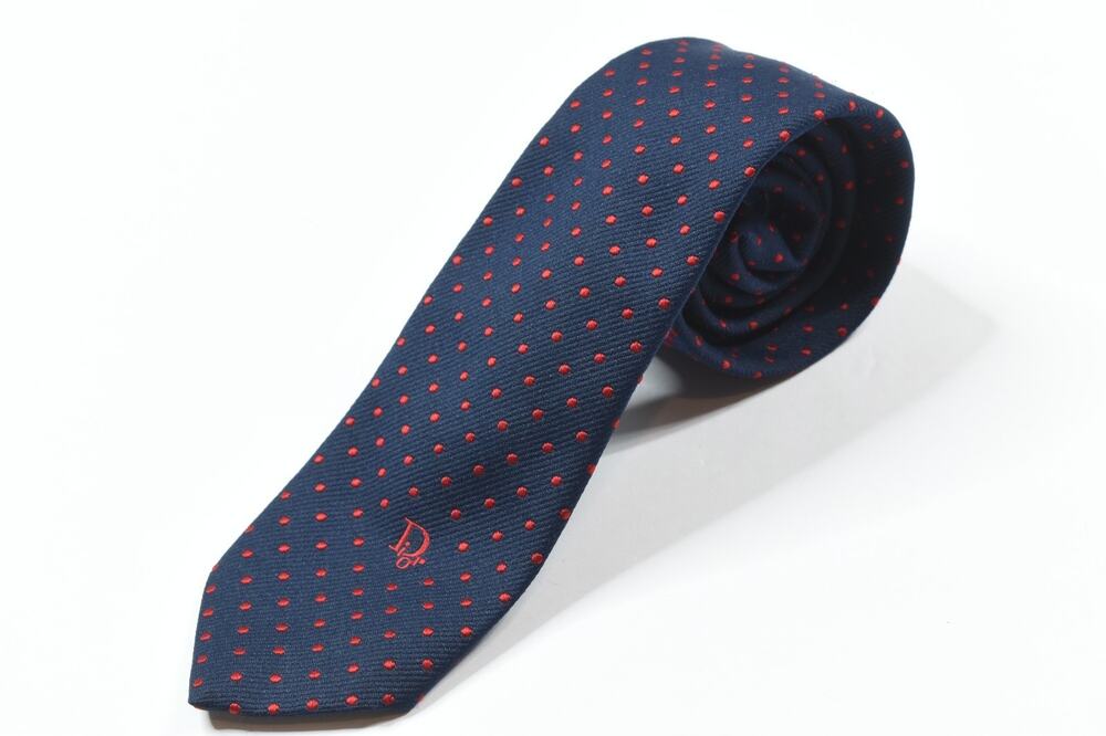 Vintage Christian Dior Neck Tie Mens Navy Blue Red Polka-Dot Skinny Silk Blend